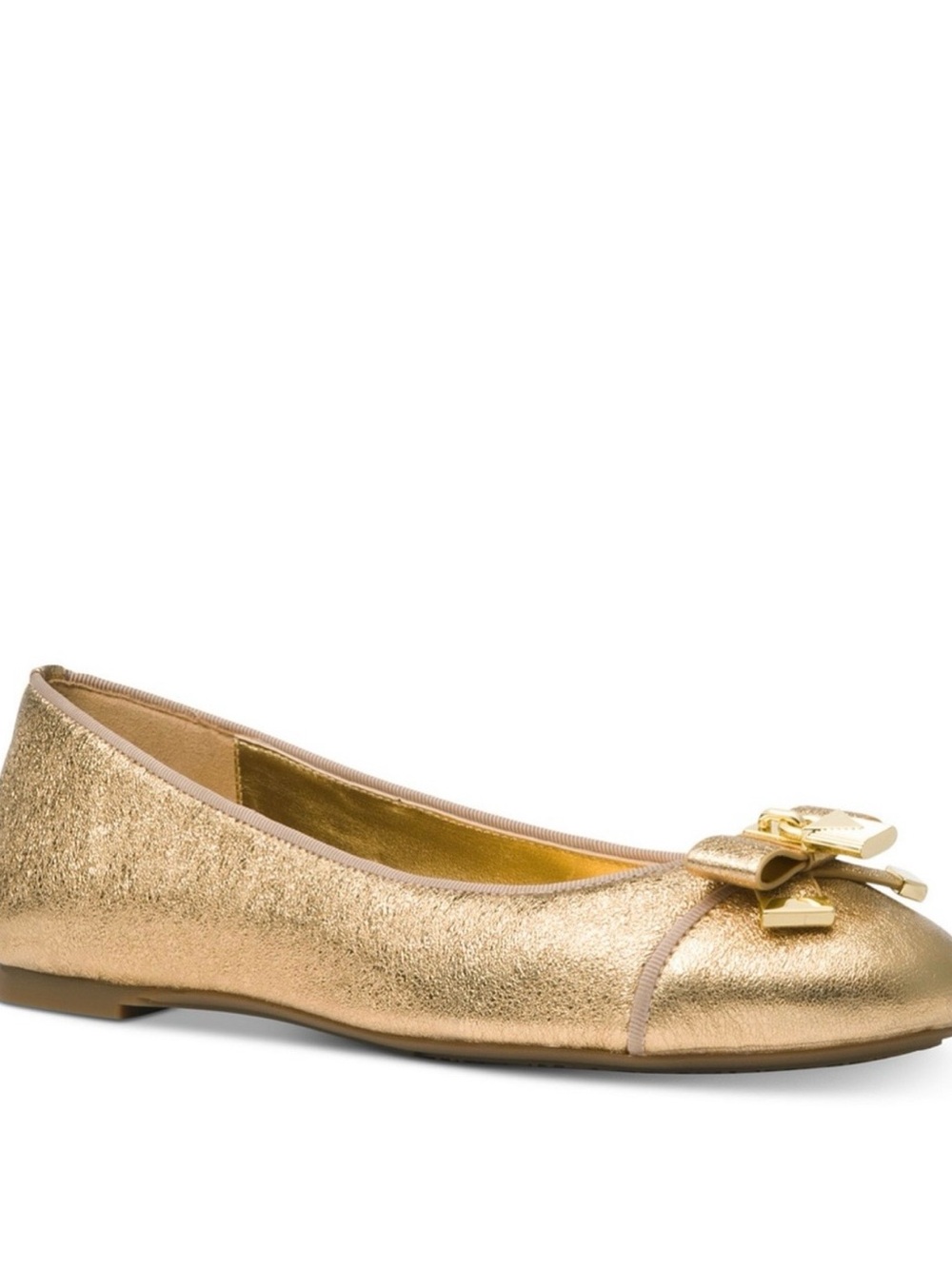 NIB Michael Kors Alice lock charm bow Ballet Flats Leather Metallic Pale Gold 8